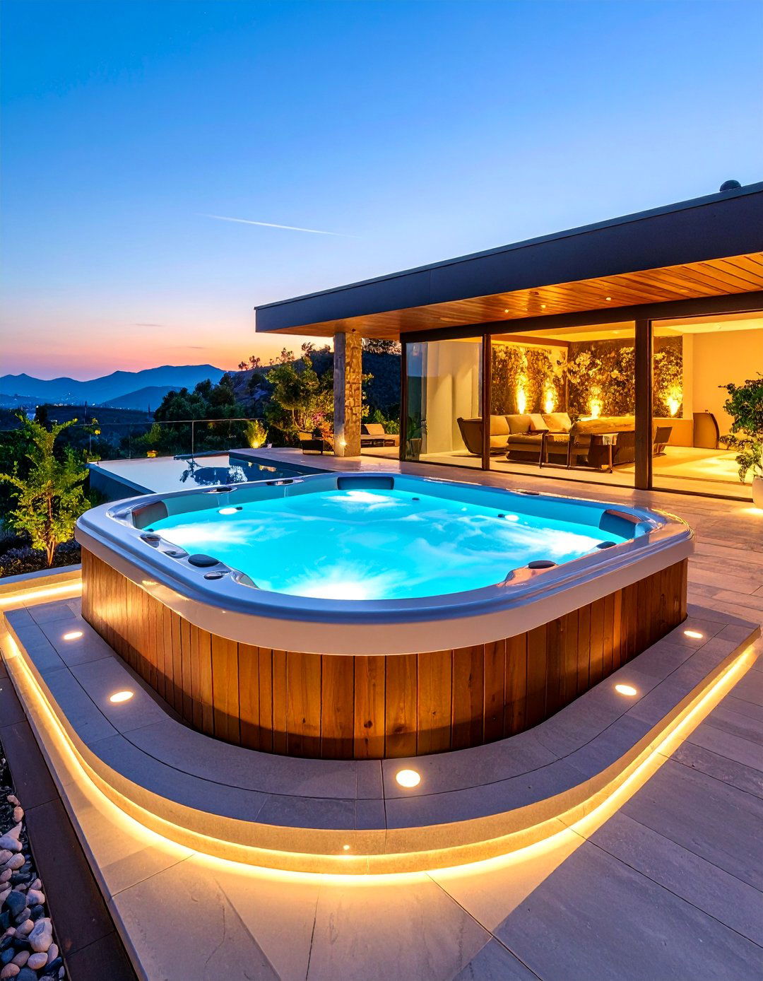 Raised Spillway Sunken Hot Tub with Multi Level Water Features - 25 Sunken Hot Tub Ideas