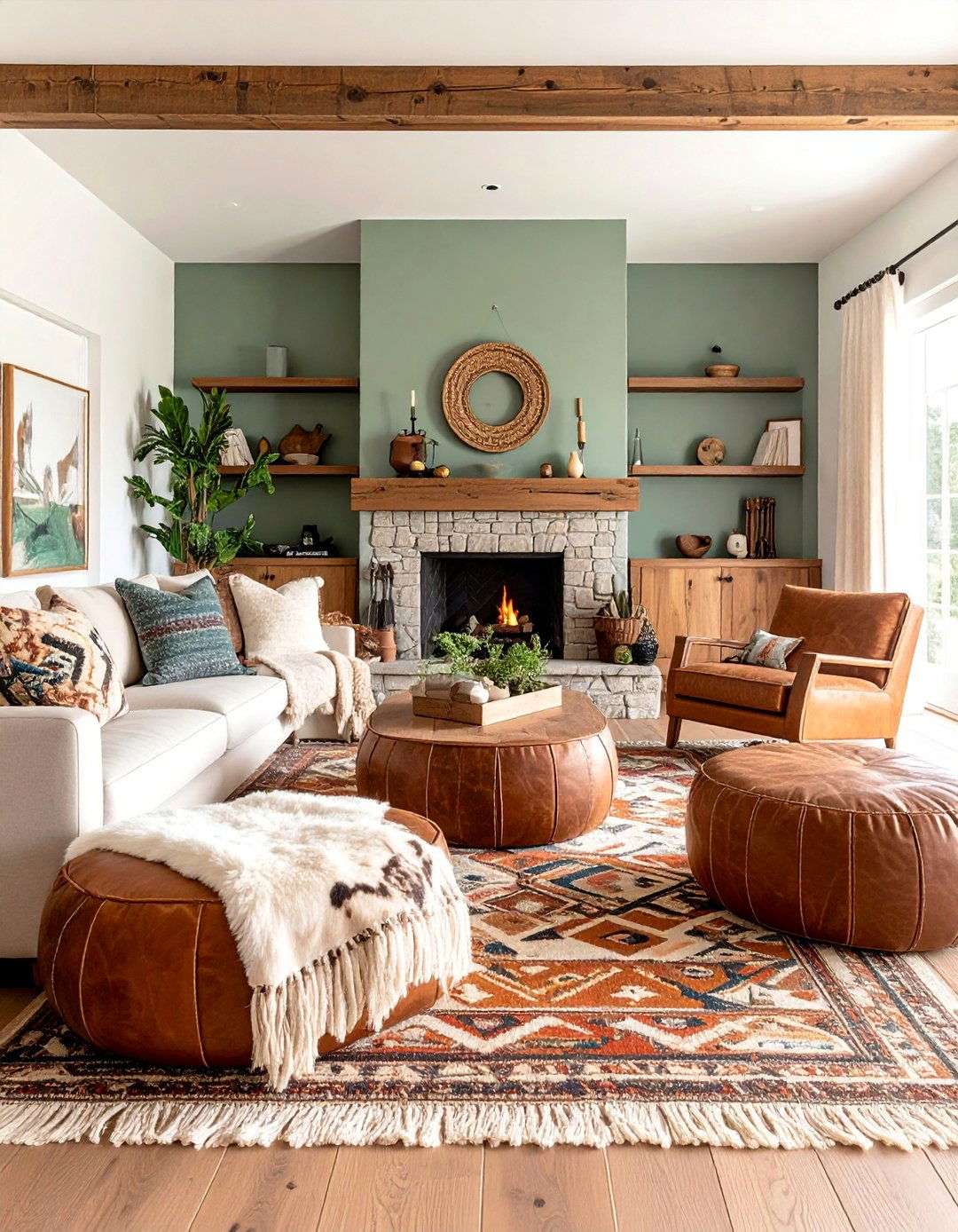 Ranch Style Family Room with Cowhide Ottoman - 25 Southwest Interior Design Ideas