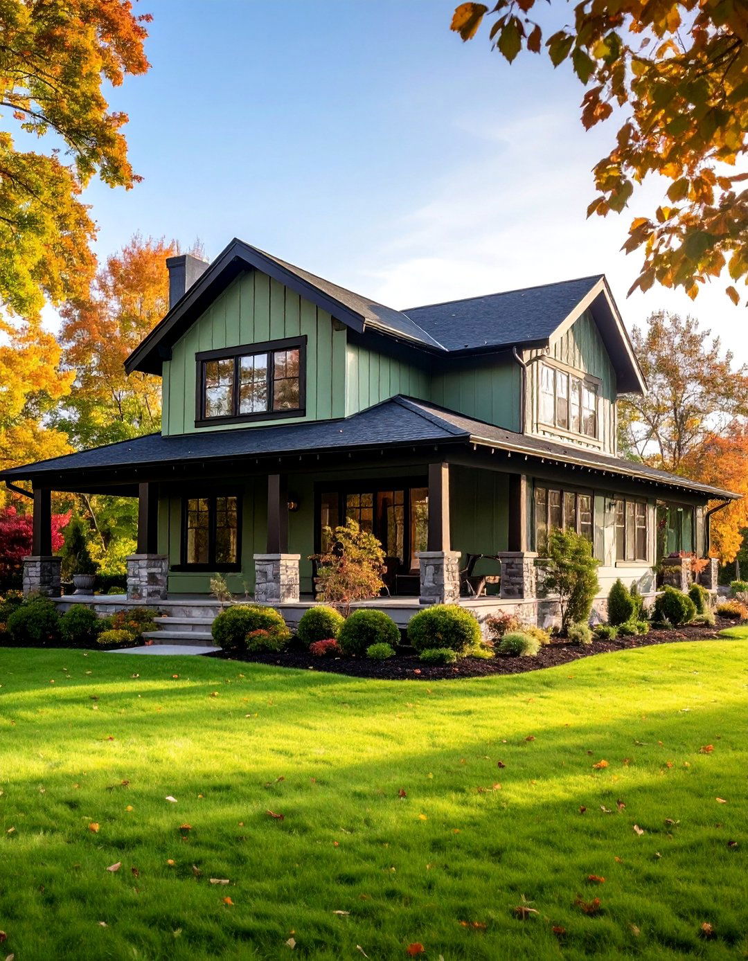 Ranch Style Sage Green House with Black Gutters and Downspouts - 25 Sage Green House With Black Trim Ideas