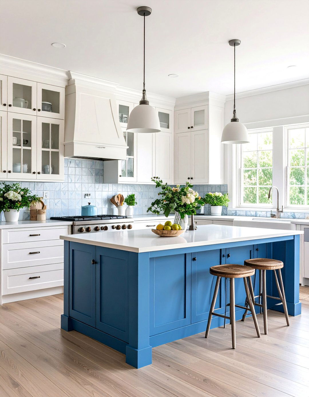 Ranch Style White Cabinets with Denim Blue Island - 25 White Kitchen Cabinets With Blue Island