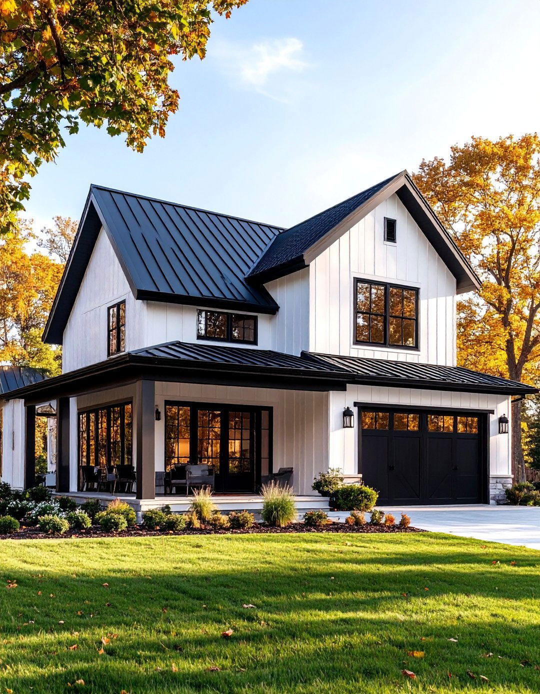 Ranch Style White House with Black Sliding Barn Door - 25 White House Ideas With Black Doors