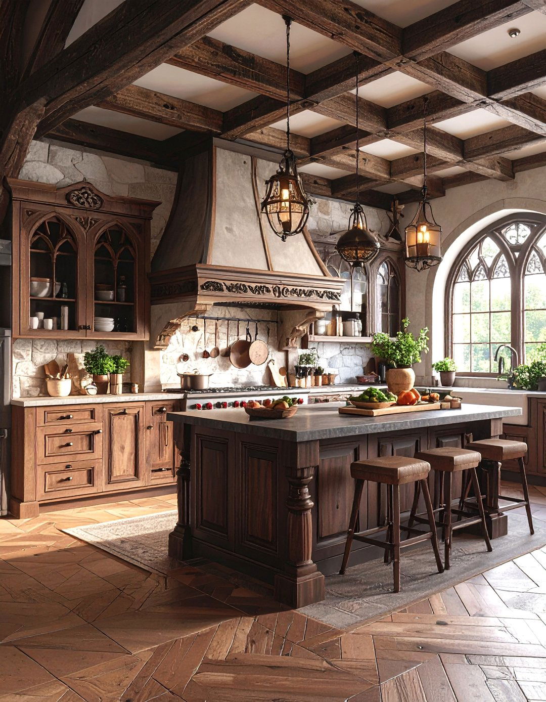 Range Hood Kitchen with Medieval Mantel Design - 25 Tudor Kitchen Ideas