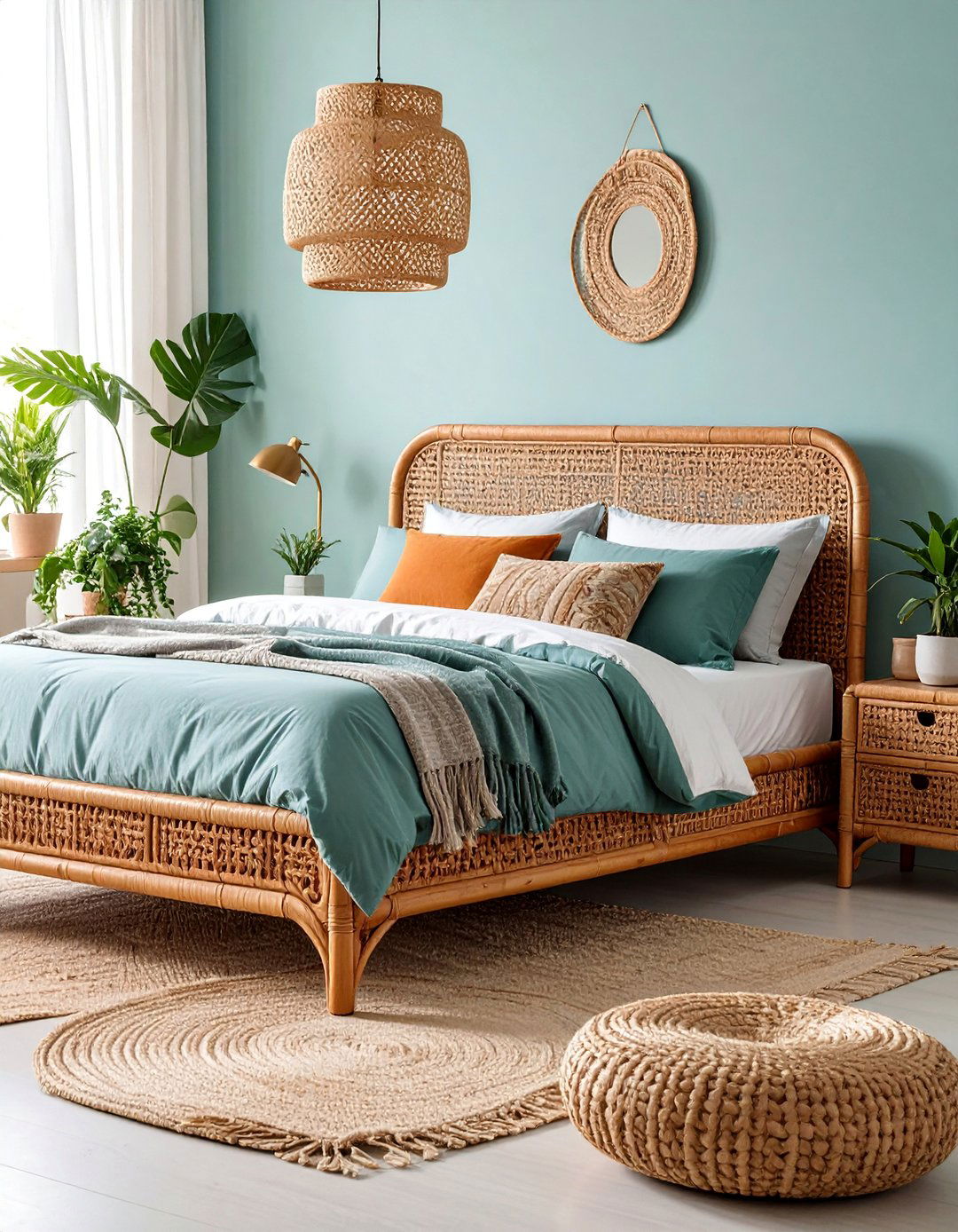 Rattan Bed Frame with Integrated Side Tables - 25 rattan bedroom furniture ideas