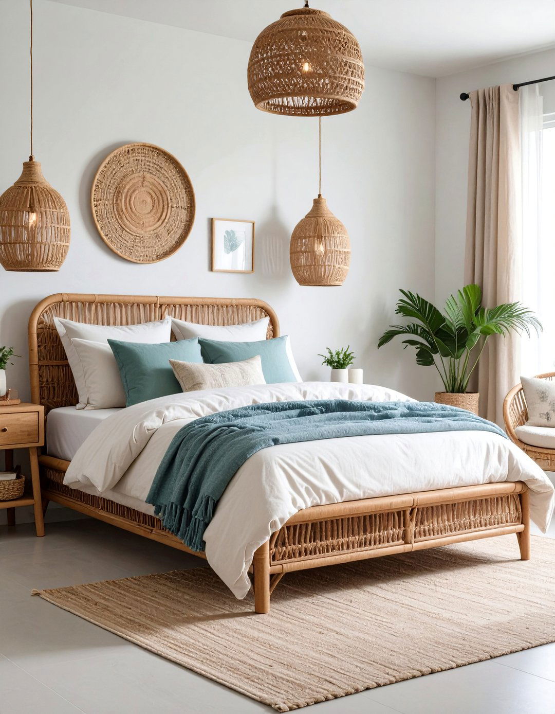 Rattan Bedroom Furniture with Linen Bedding - 25 Beach House Decor Ideas