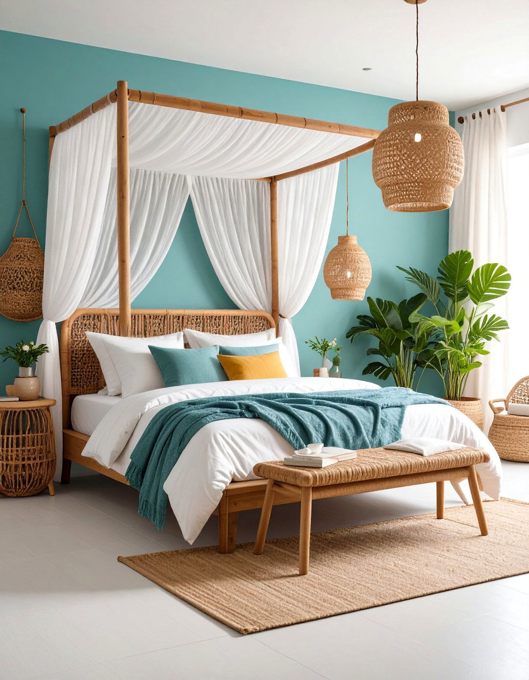 Rattan Bedroom Sanctuary with Canopy Elements - 25 Bohemian Interior Design Ideas