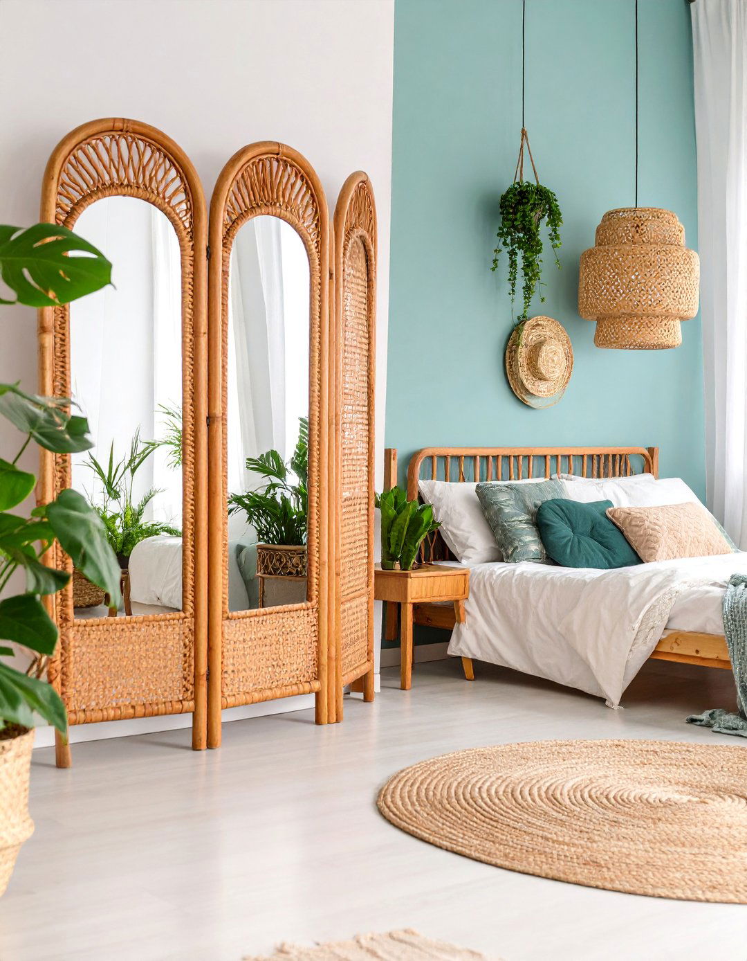 Rattan Dressing Screen with Mirror Panels - 25 rattan bedroom furniture ideas
