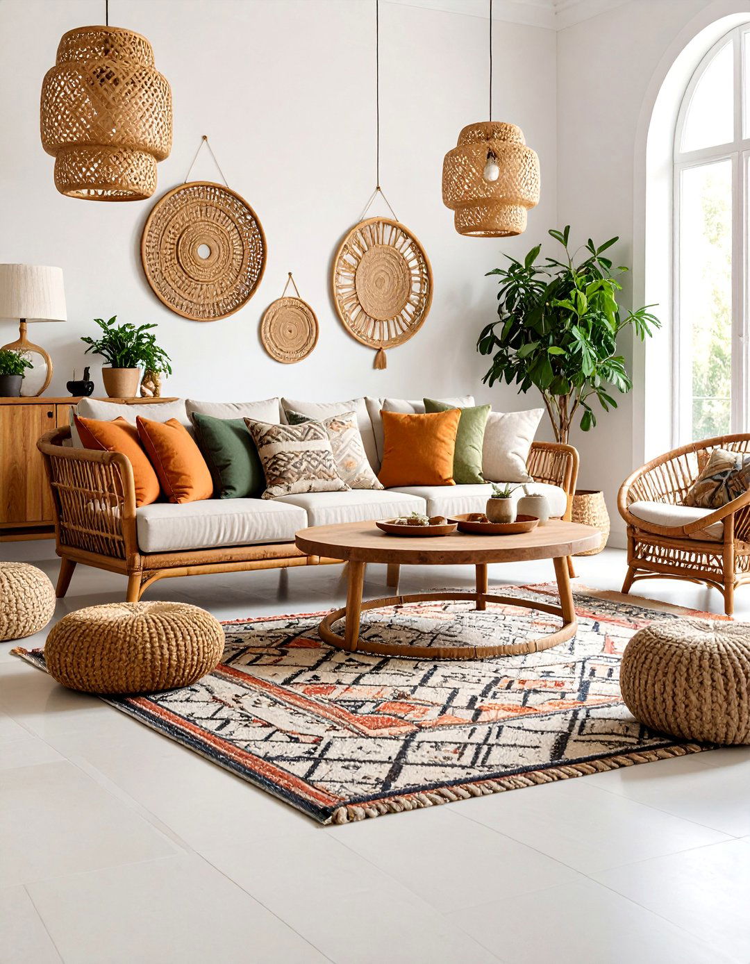 Rattan Furniture Living Space with Global Accents - 25 Boho Farmhouse Decor Ideas