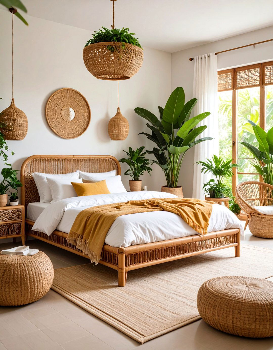 Rattan Furniture Natural Oasis with Hanging Plants - 25 70s Bedroom Decor Ideas