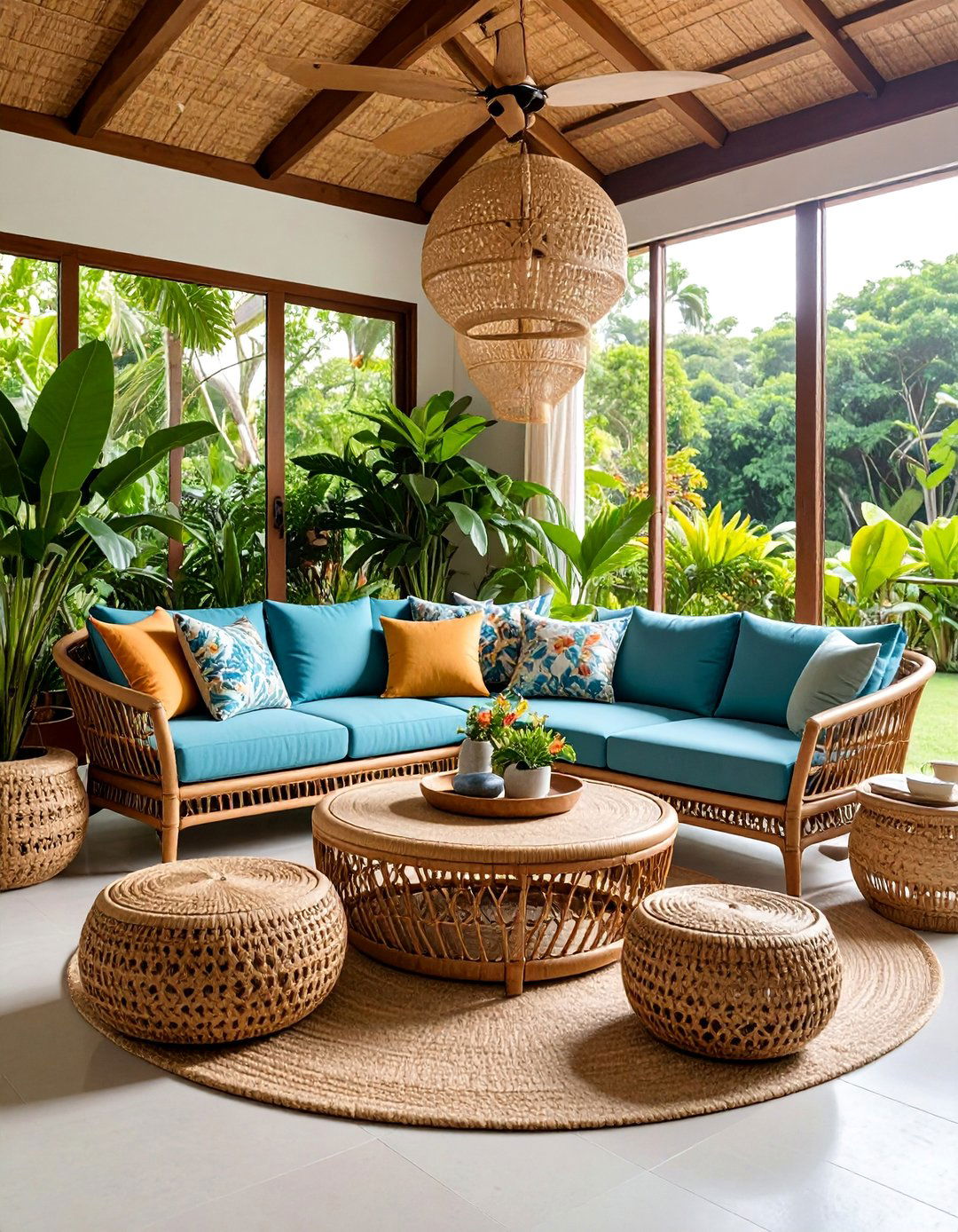Rattan Furniture Sitting Room with Garden Views - 25 Hawaiian Interior Design Ideas