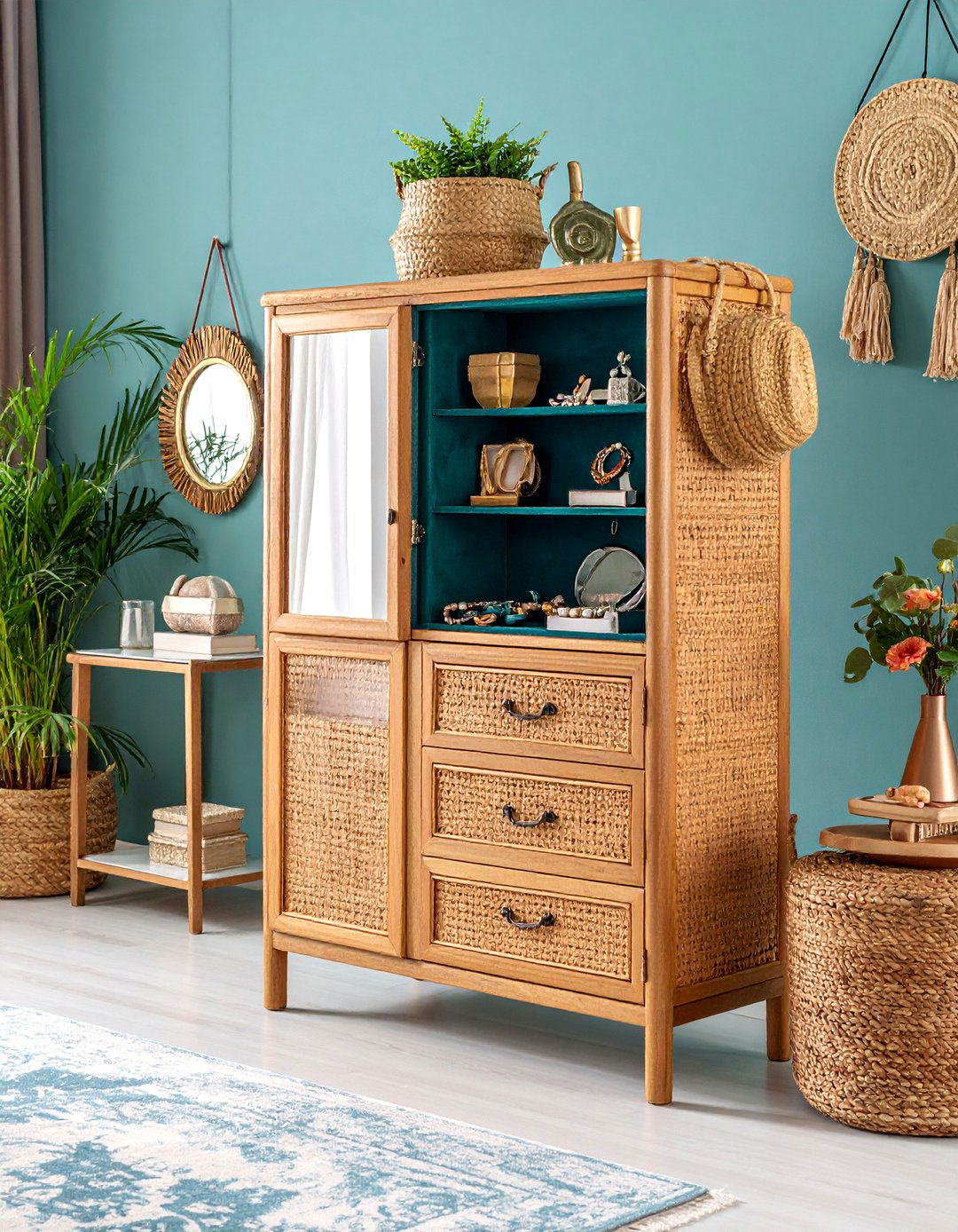 Rattan Jewelry Armoire with Velvet Interior - 25 rattan bedroom furniture ideas