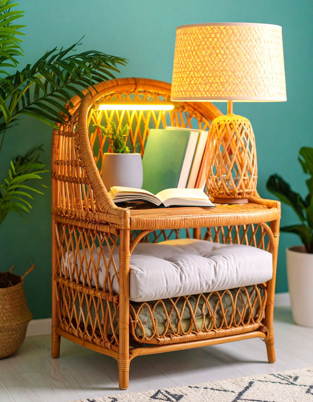 Rattan Magazine Rack with Reading Light - 25 rattan bedroom furniture ideas