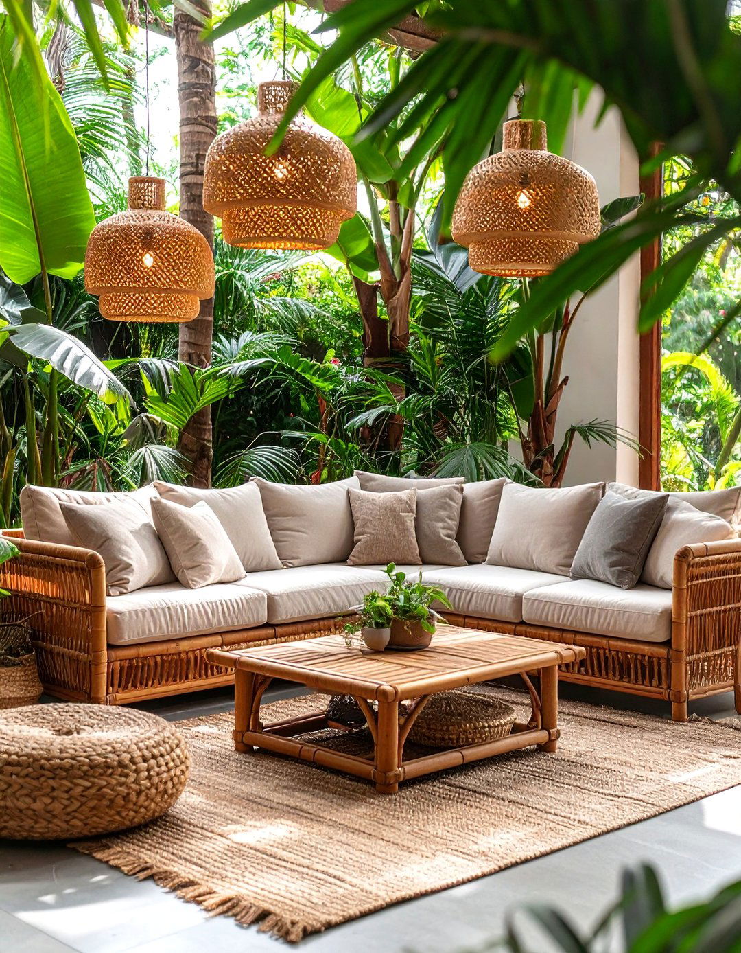 Rattan Paradise Living Room with Natural Textures - 25 Tropical Living Room Ideas