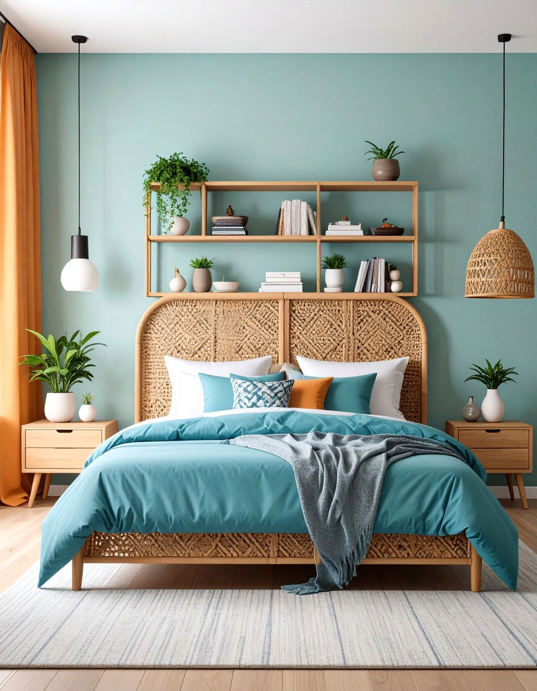 Rattan Wall Mounted Headboard with Shelving - 25 rattan bedroom furniture ideas