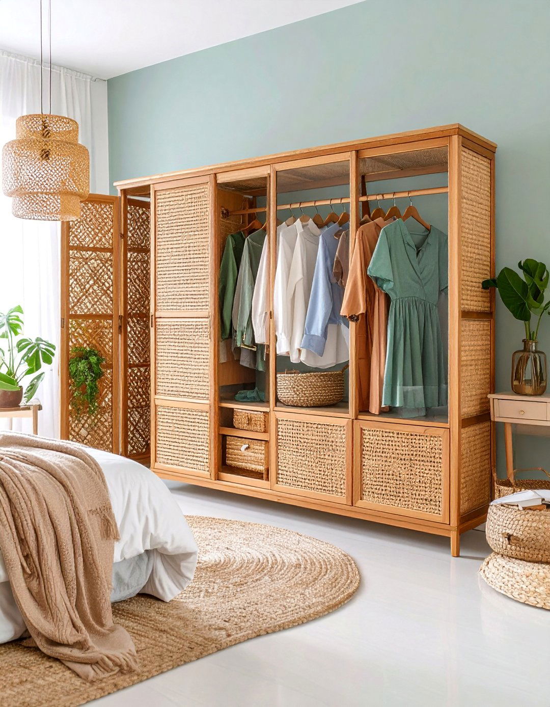 Rattan Wardrobe with Glass Display Sections - 25 rattan bedroom furniture ideas