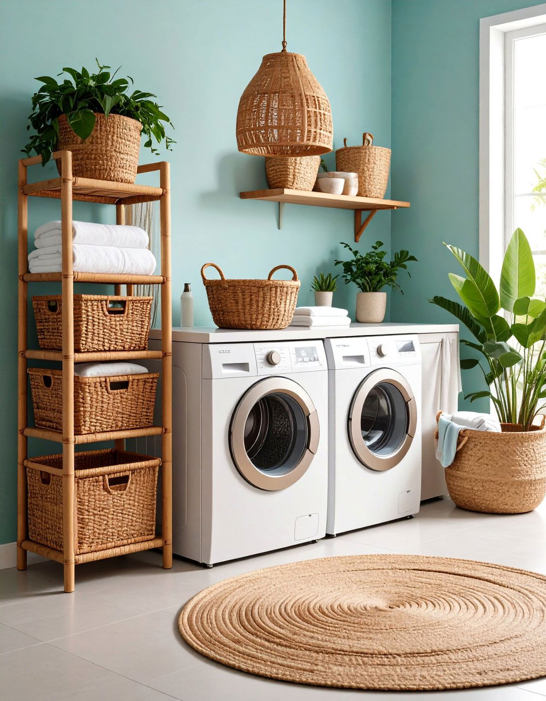 Rattan and Bamboo Laundry Station - 25 Boho Laundry Room Ideas
