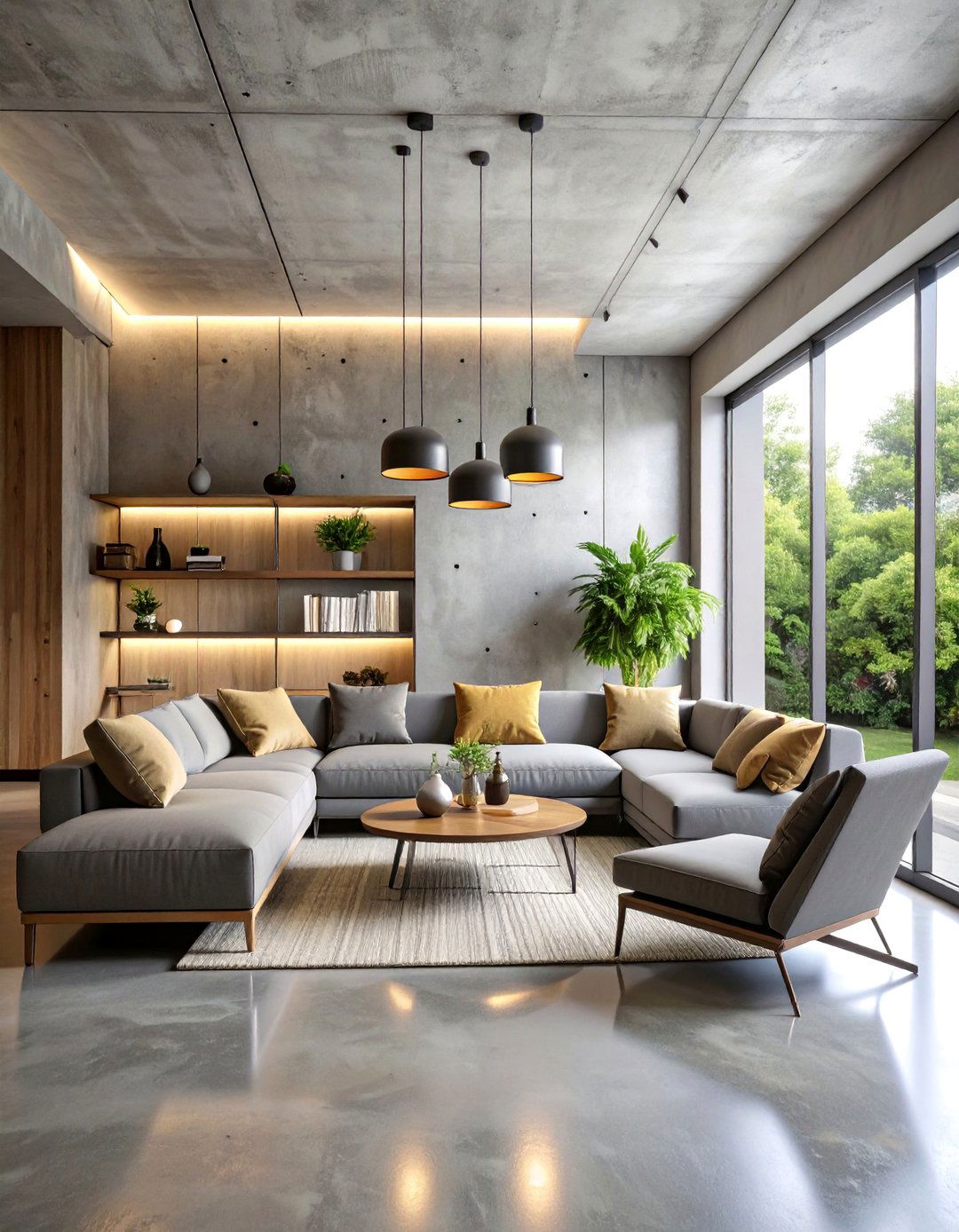 Raw Concrete Living Room with Floating Shelves - 25 Brutalist Interior Design Ideas