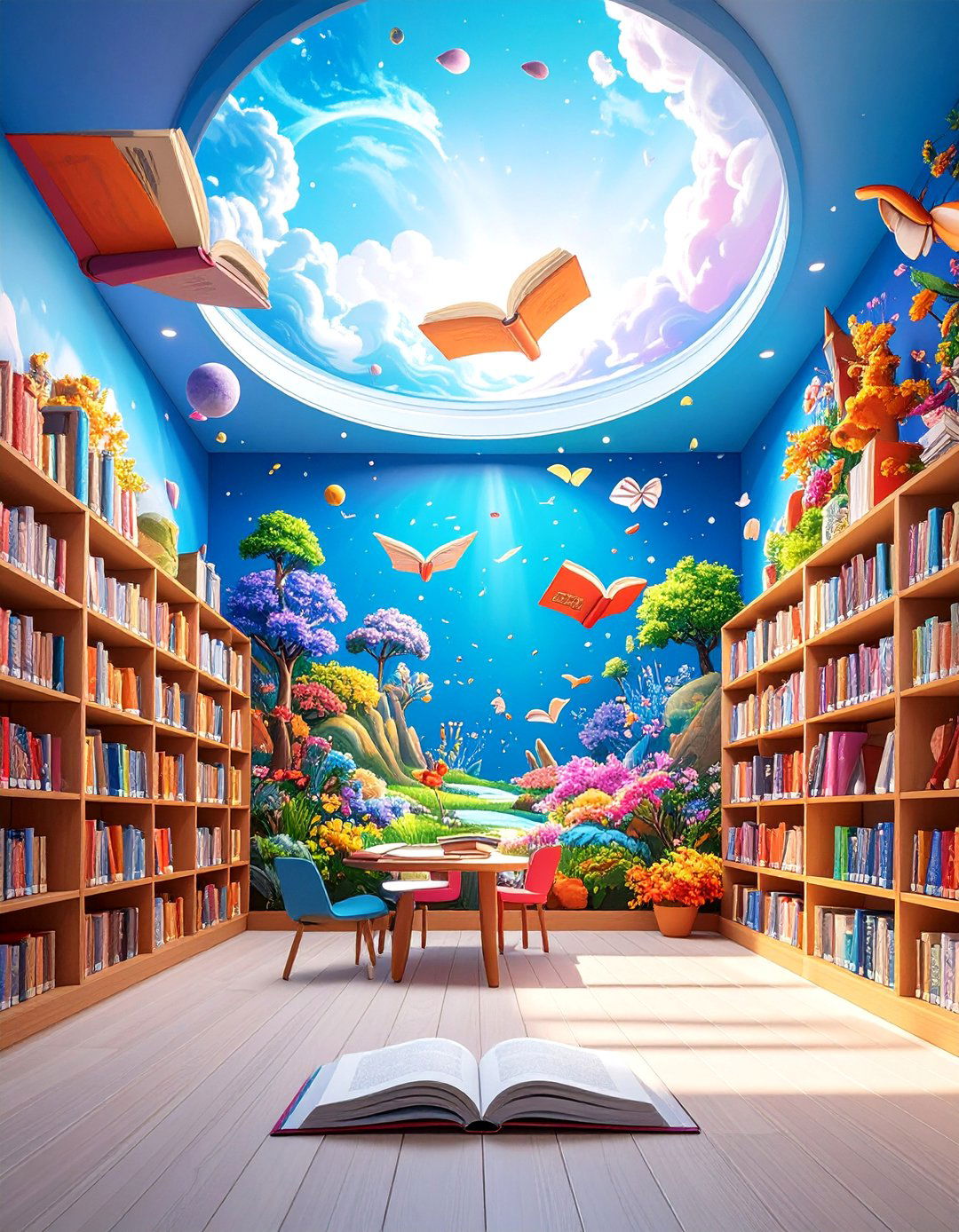 Reading Adventure Library Mural with Book Characters - 25 School Mural Ideas
