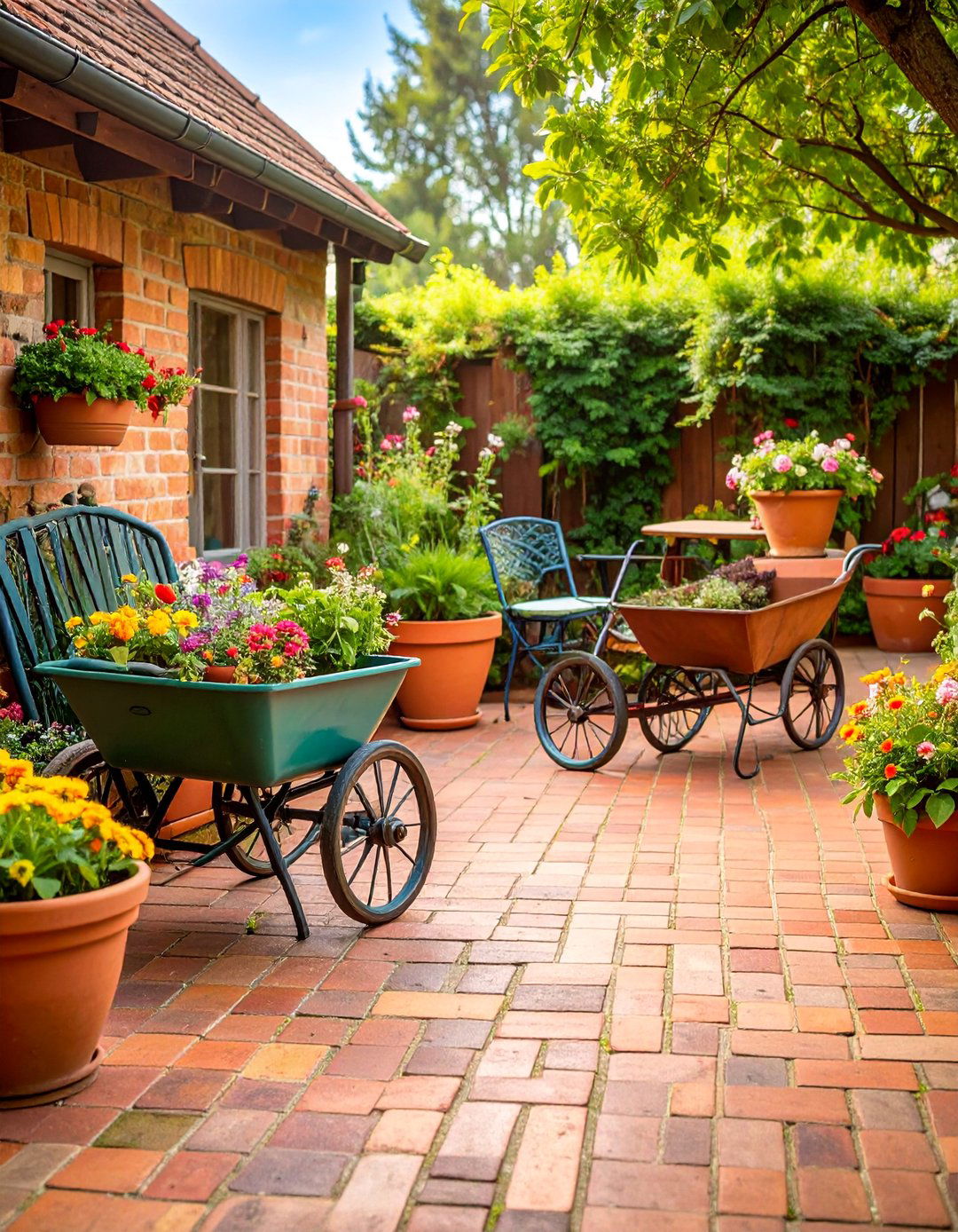 Reclaimed Brick Patio with Vintage Planters - 25 Rustic Landscaping Ideas