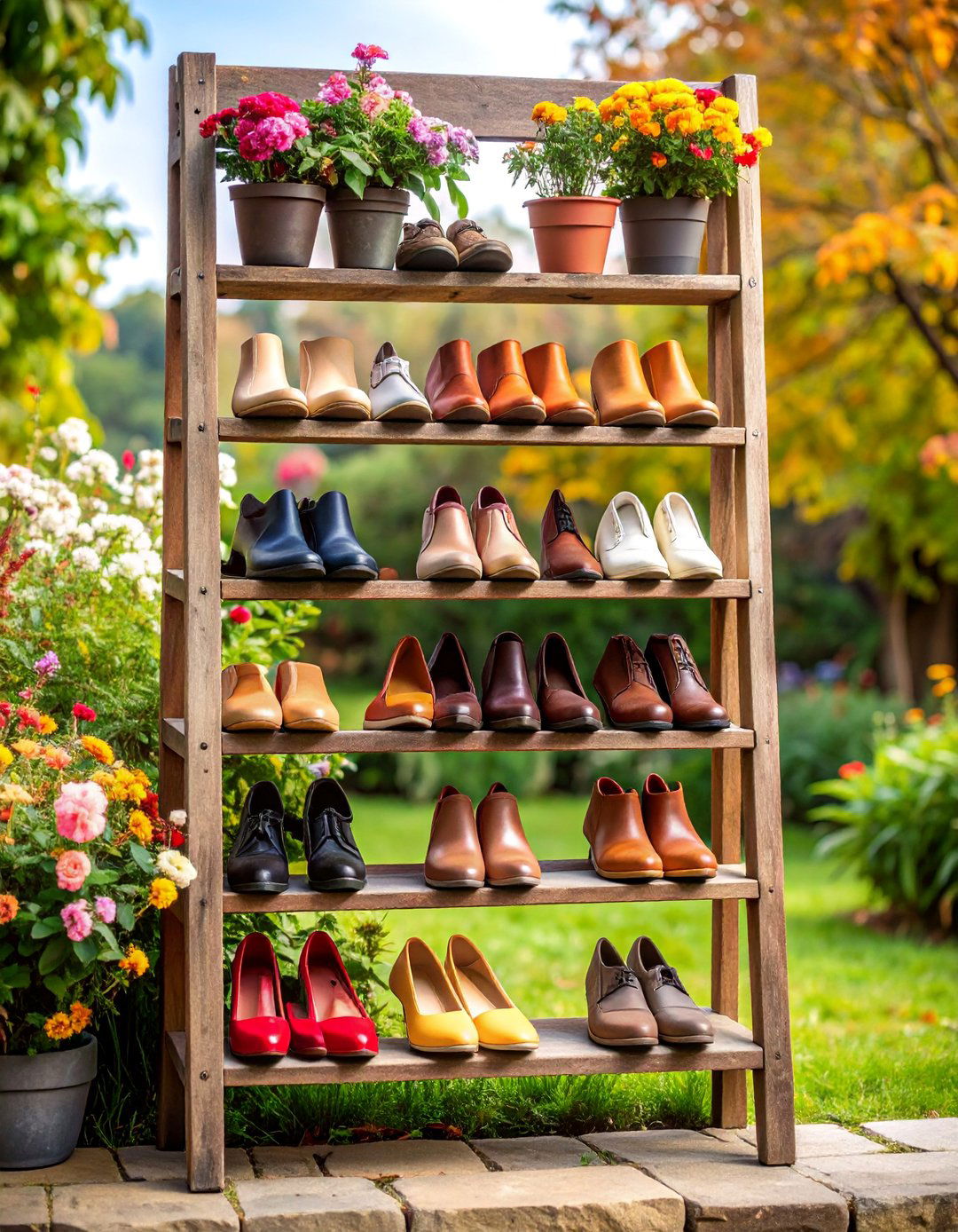 Reclaimed Ladder Shoe Shelf System - 25 Outdoor Shoe Storage Ideas