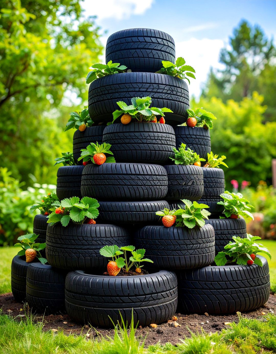 Reclaimed Tire Strawberry Pyramid - 25 Strawberry Planter Ideas