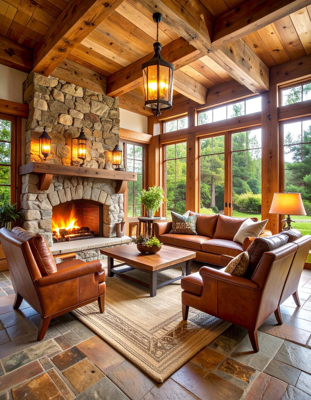 Reclaimed Wood Beam Sunroom with Stone Fireplace - 25 Rustic Sunroom Ideas
