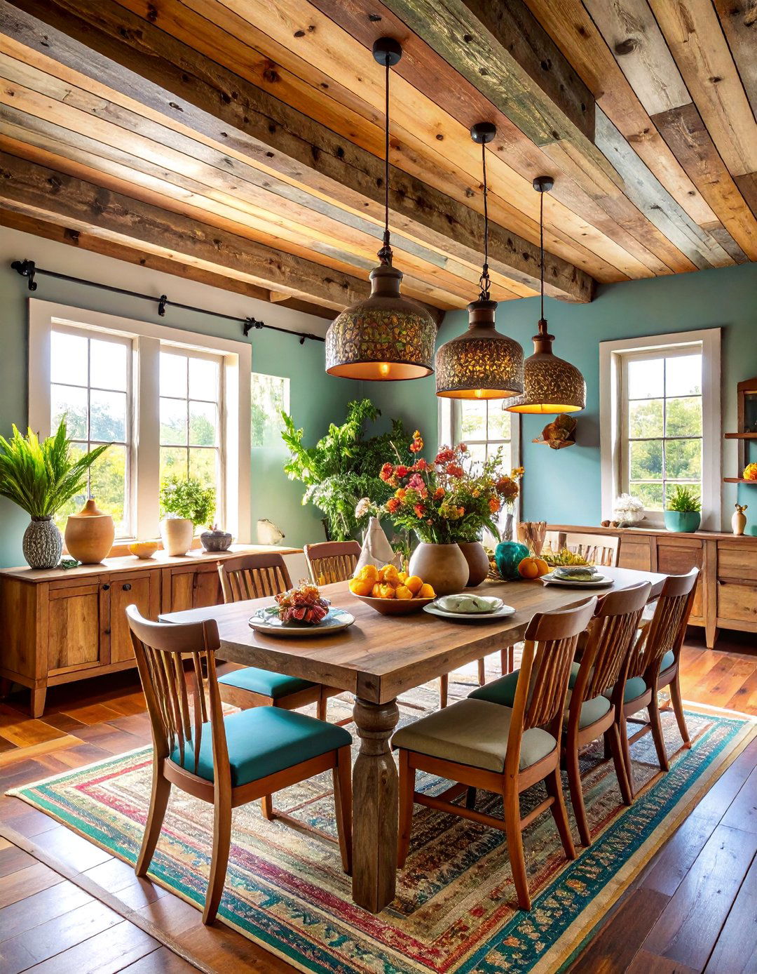 Reclaimed Wood Ceiling with Mixed Species and Patina - 25 Dining Room Ceiling Ideas