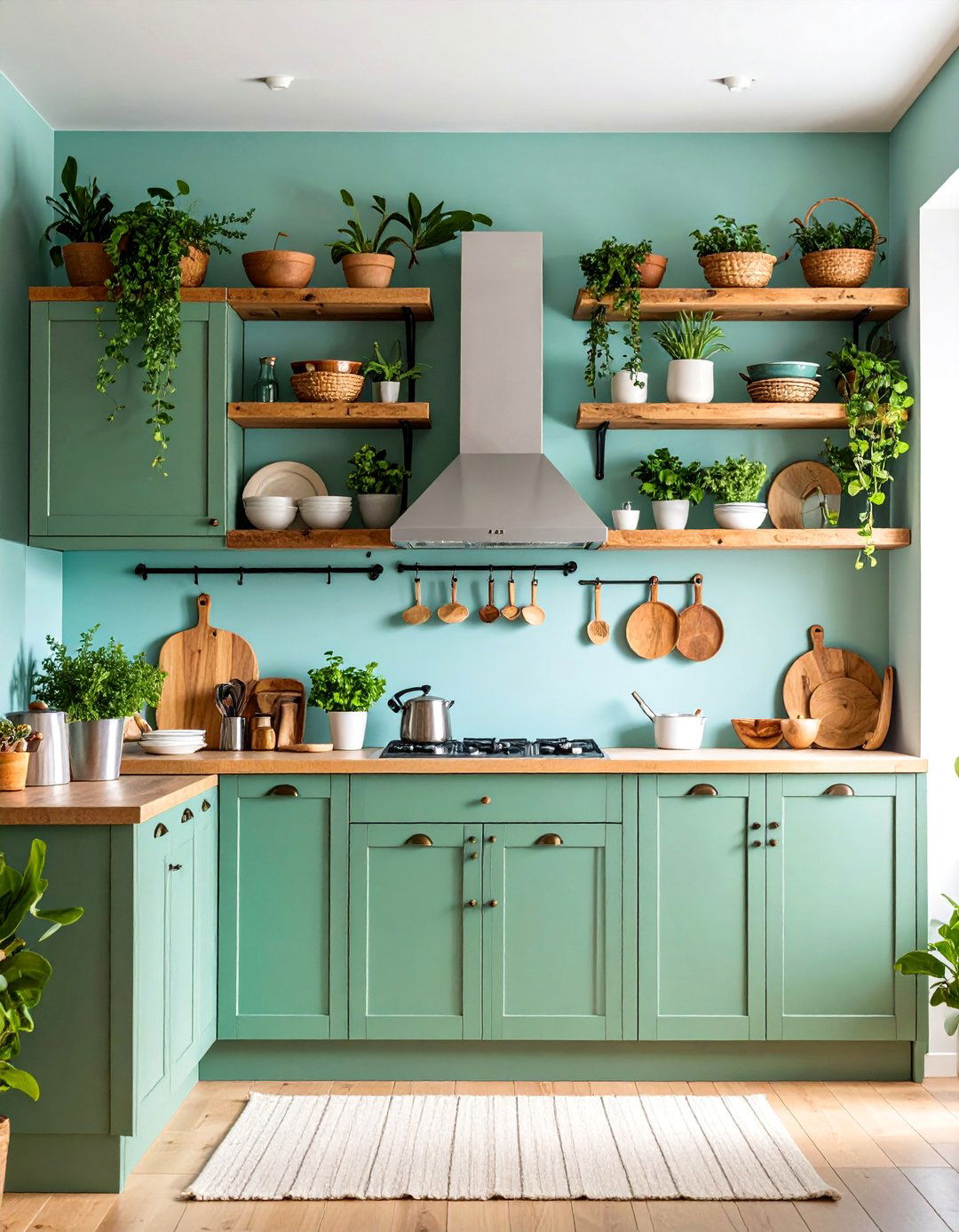 Reclaimed Wood Floating Shelves with Sage Green Base Cabinets - 25 Rustic Sage Green Kitchen Cabinets