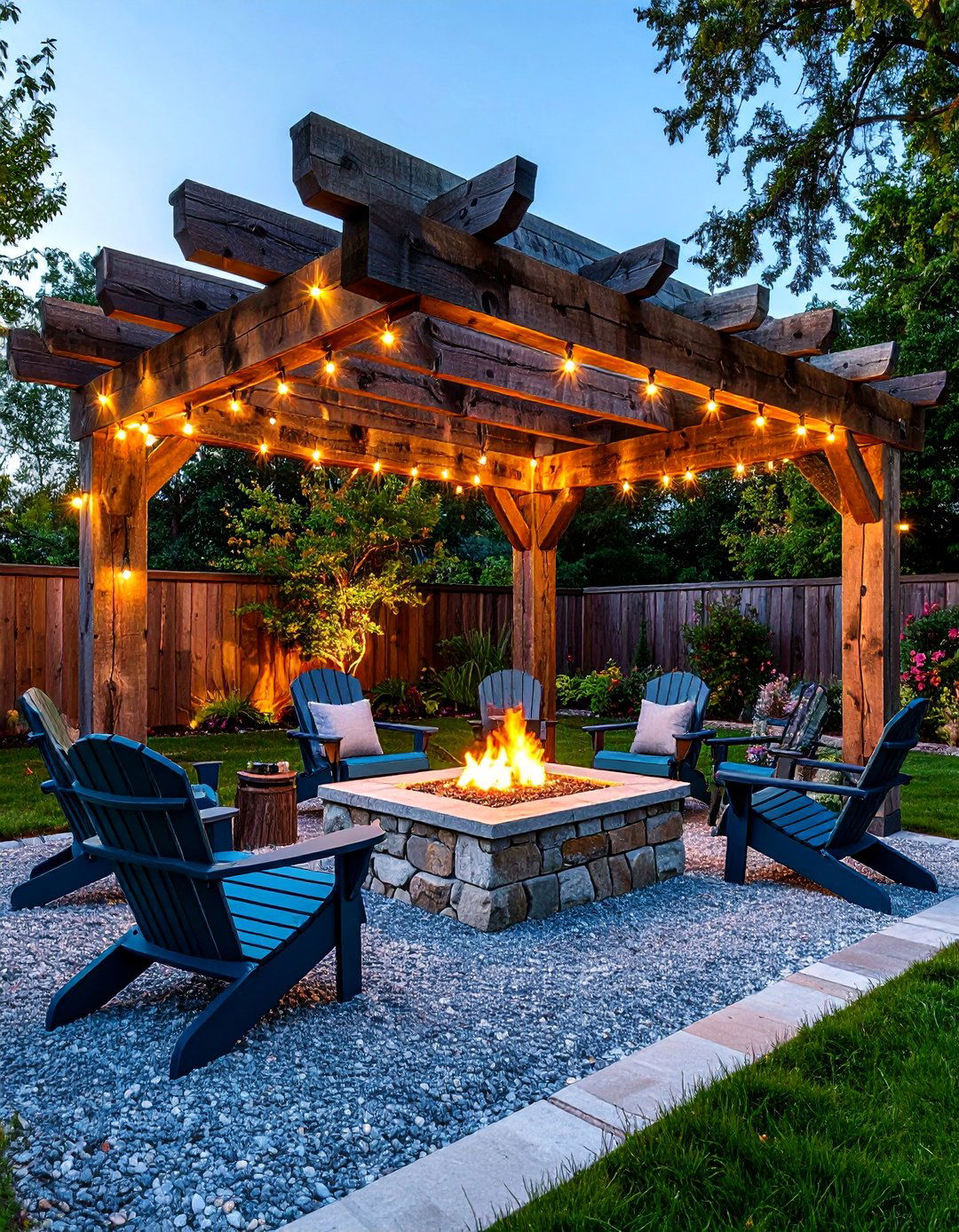 Reclaimed Wood Pergola with Fire Pit Gathering Area - 25 Rustic Landscaping Ideas