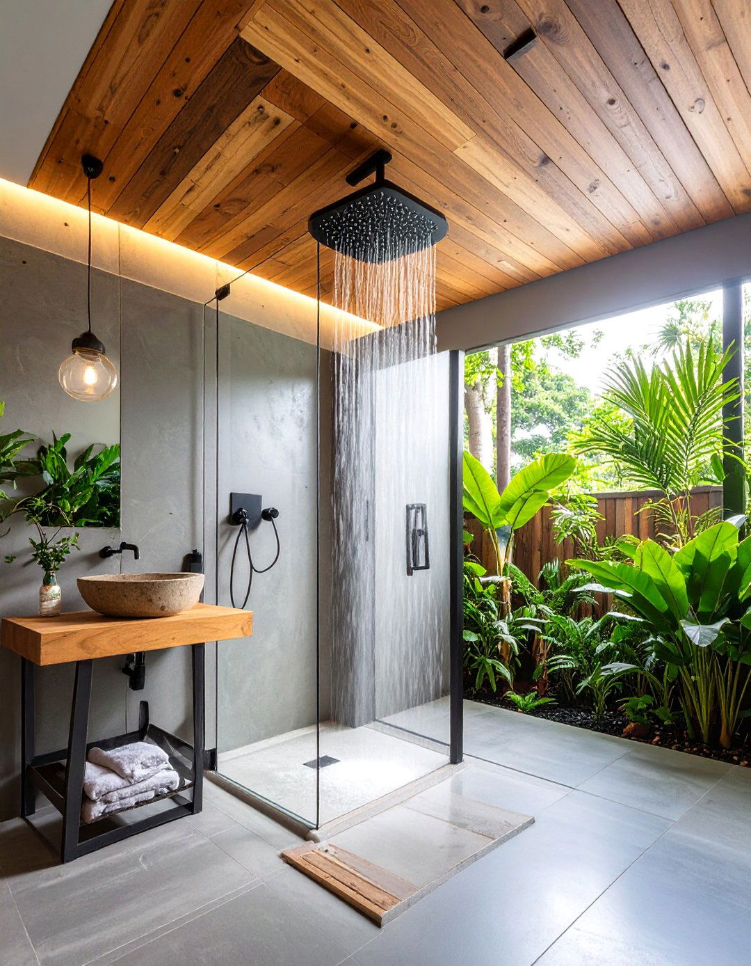 Reclaimed Wood Plank Ceiling with Concrete Walls - 25 Rustic Walk-in Shower Ideas