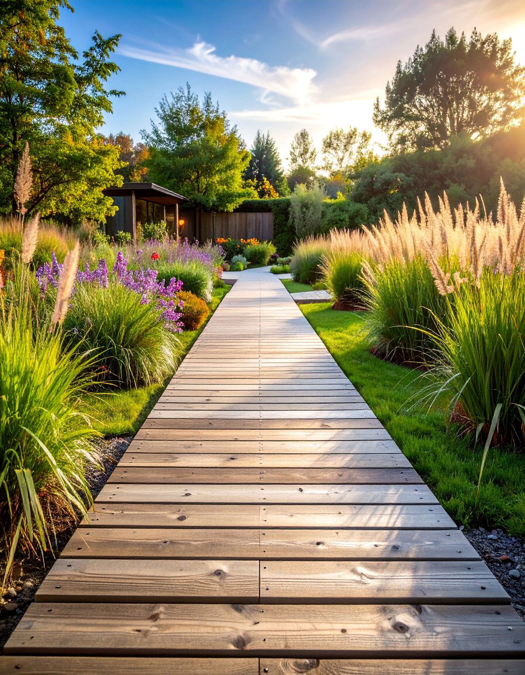 Reclaimed Wood Plank Walkway with Solar Lighting - 25 Farmhouse Walkway Ideas
