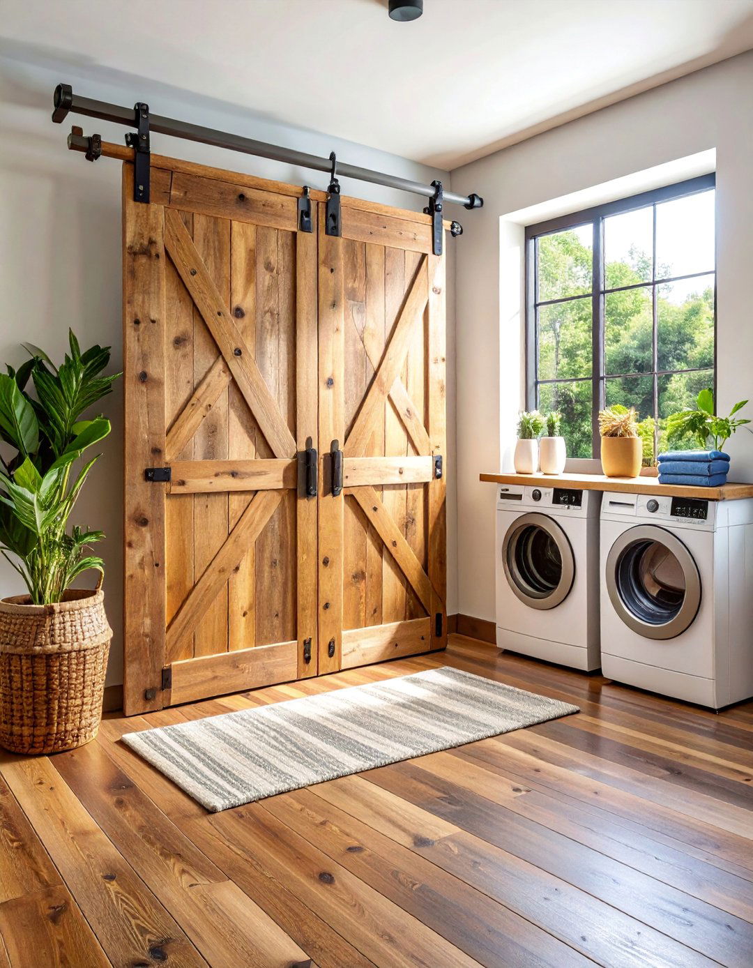 Reclaimed Wood Sliding Door with Industrial Track System - 25 Laundry Room Door Ideas