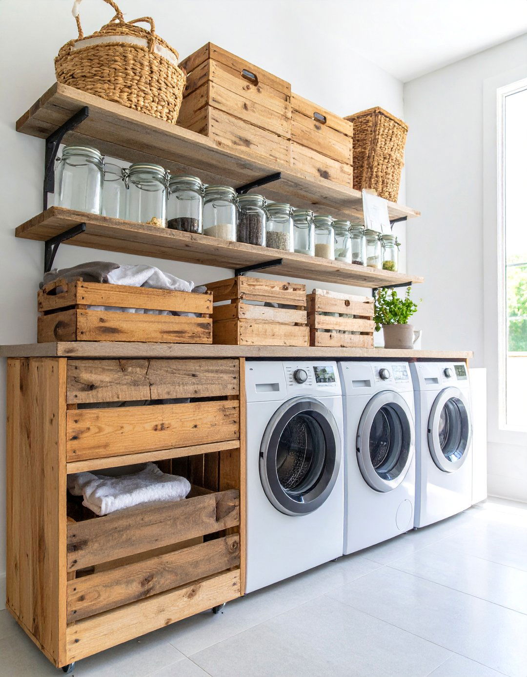Reclaimed Wood and Vintage Mason Jar Organization - 25 Boho Laundry Room Ideas