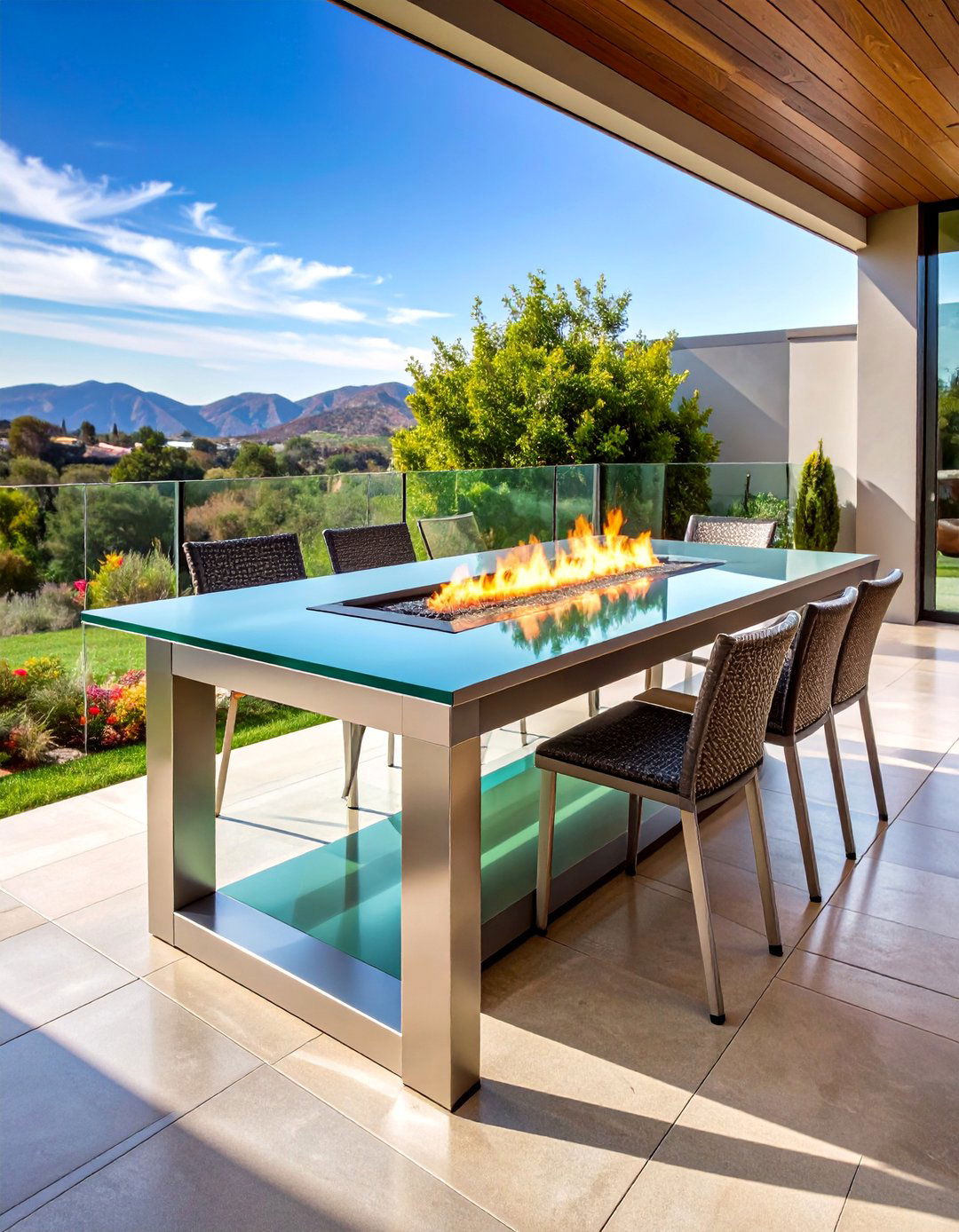 Rectangular Steel Fire Table with Glass Wind Guard - 25 Metal Fire Pit Ideas