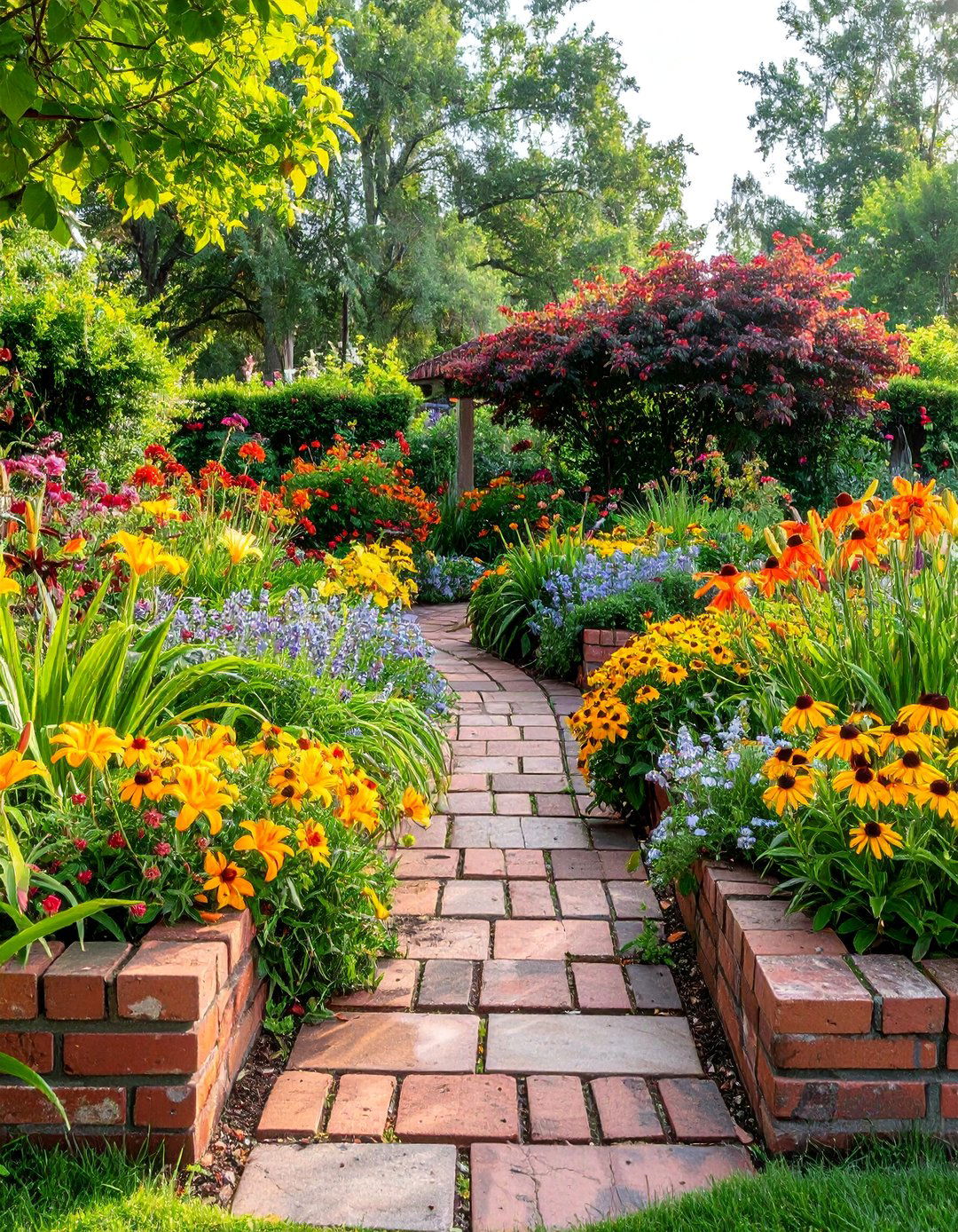 Recycled Brick Garden Border with Cottage Garden Perennials - 25 Low Maintenance Garden Border Ideas