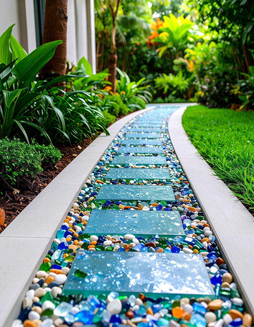 Recycled Glass Path with Concrete Borders - 25 Garden Path Ideas