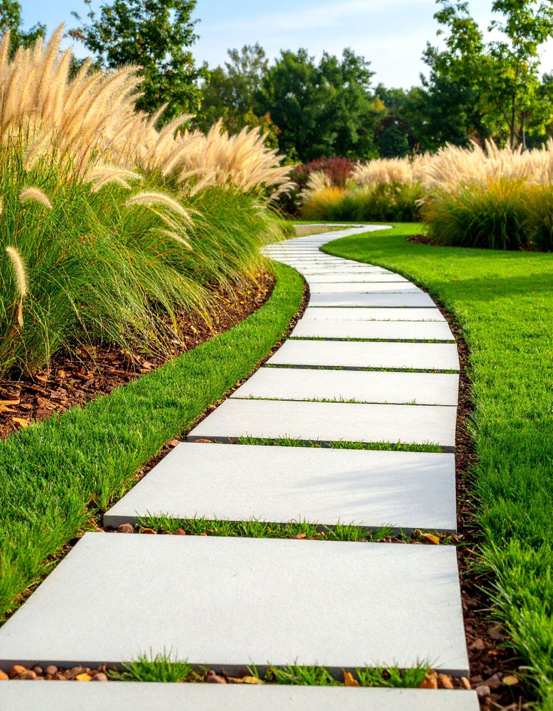 Recycled Paper Mulch Pathway with Ornamental Grass Borders - 25 Mulch Pathway Ideas