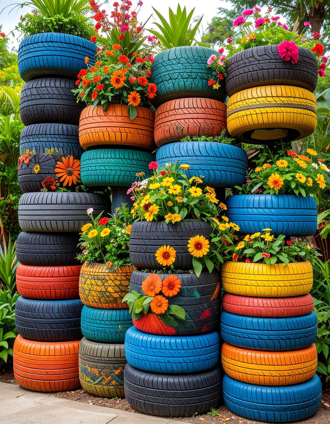 Recycled Tire Planter Art Installation - 25 Garden Art Ideas