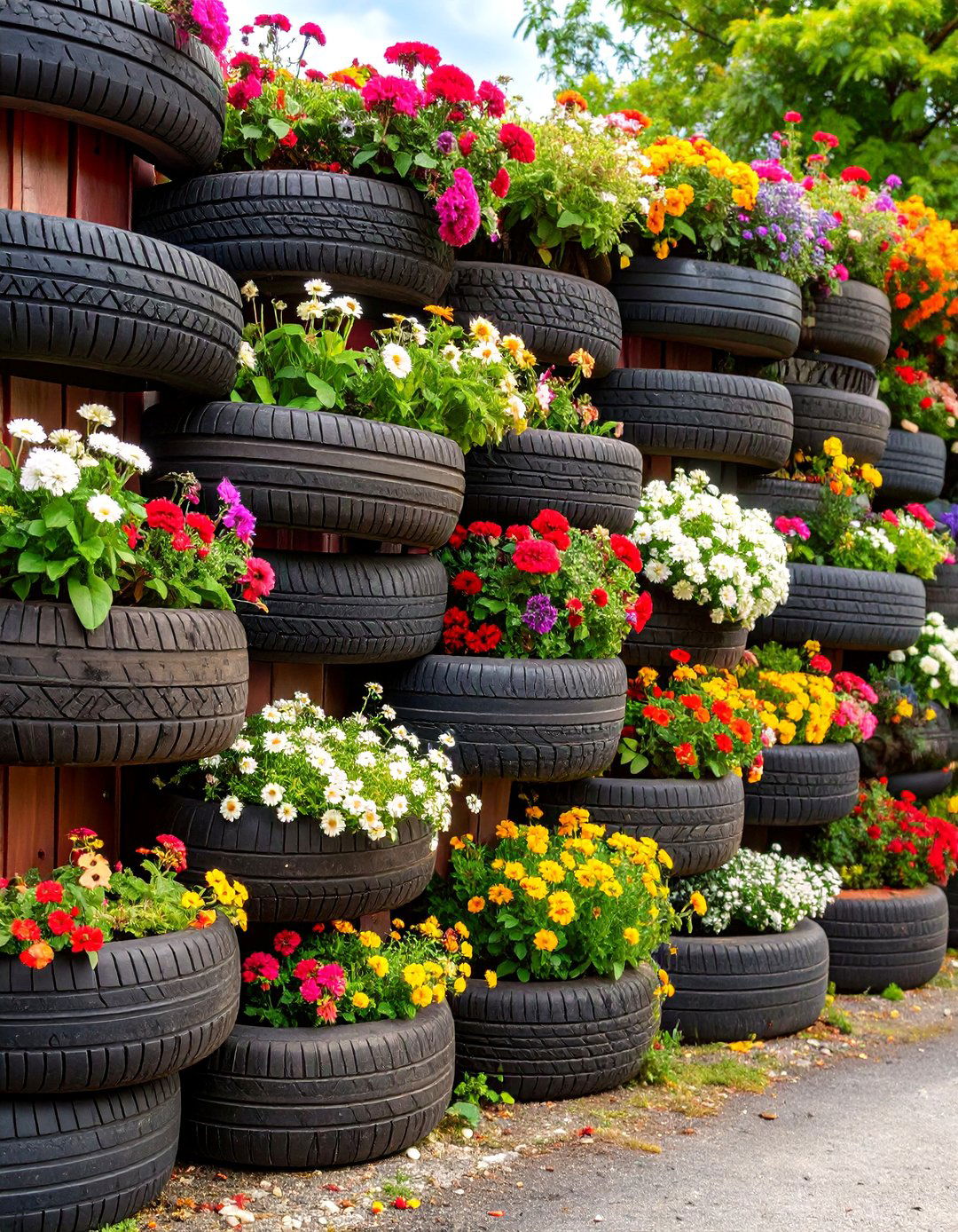 Recycled Tire Planter Privacy Wall System - 25 Cheap Privacy Fence Ideas