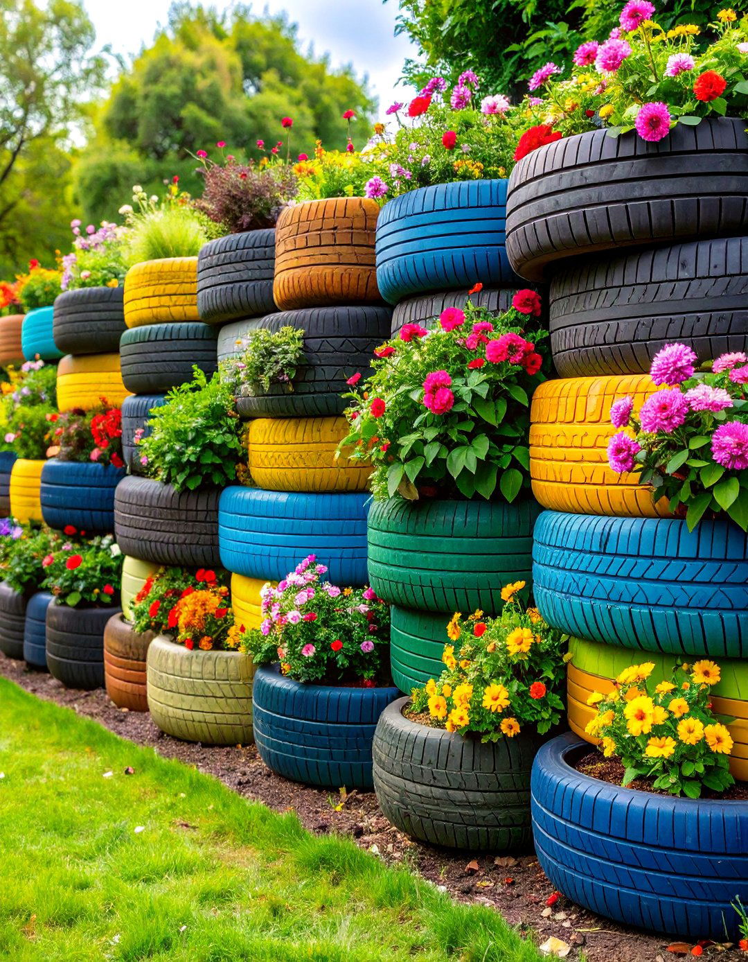 Recycled Tire Retaining Wall with Creative Stacking - 25 Inexpensive Retaining Wall Ideas