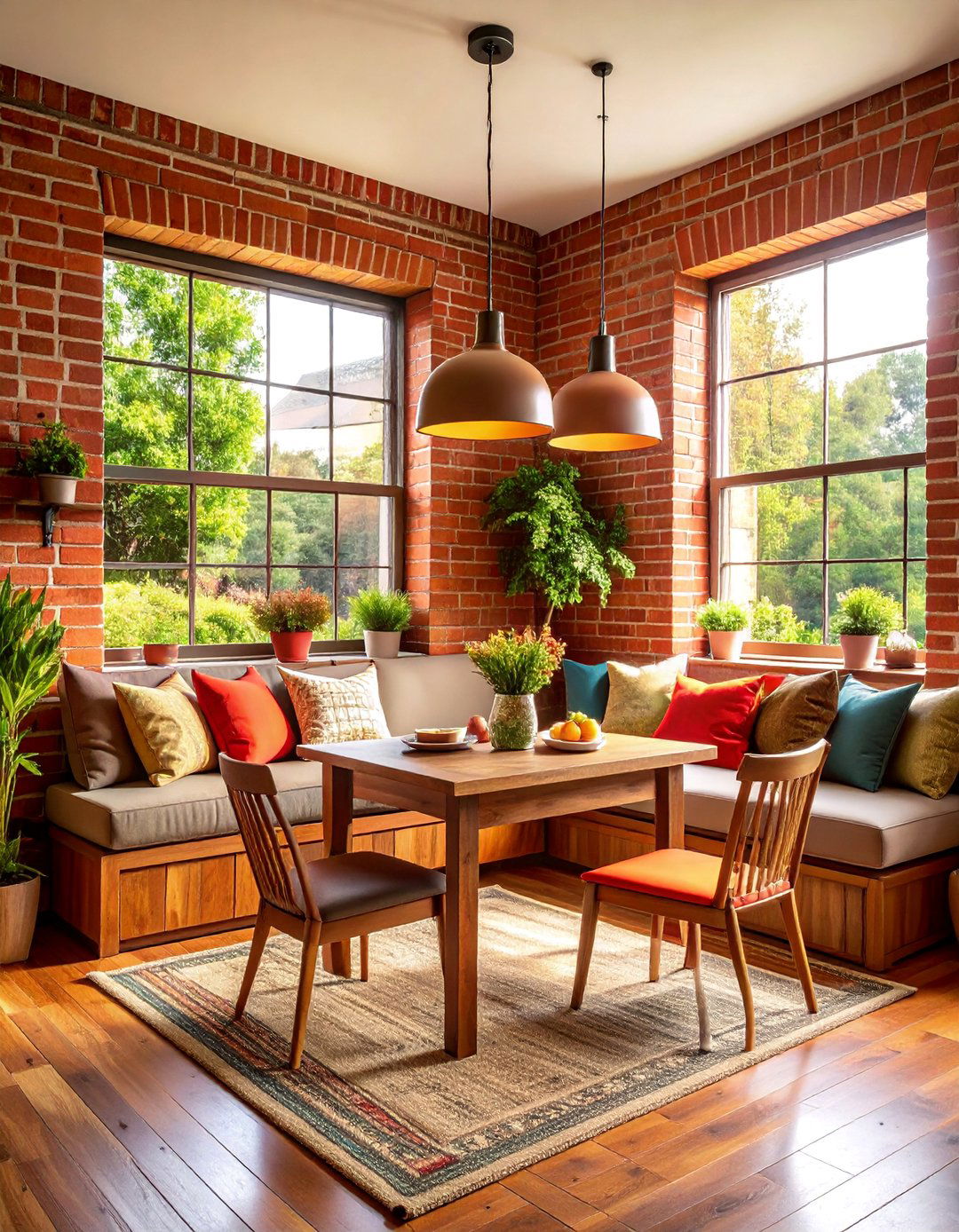 Red Brick Breakfast Nook with Built in Seating - 25 Red Brick Kitchen Ideas