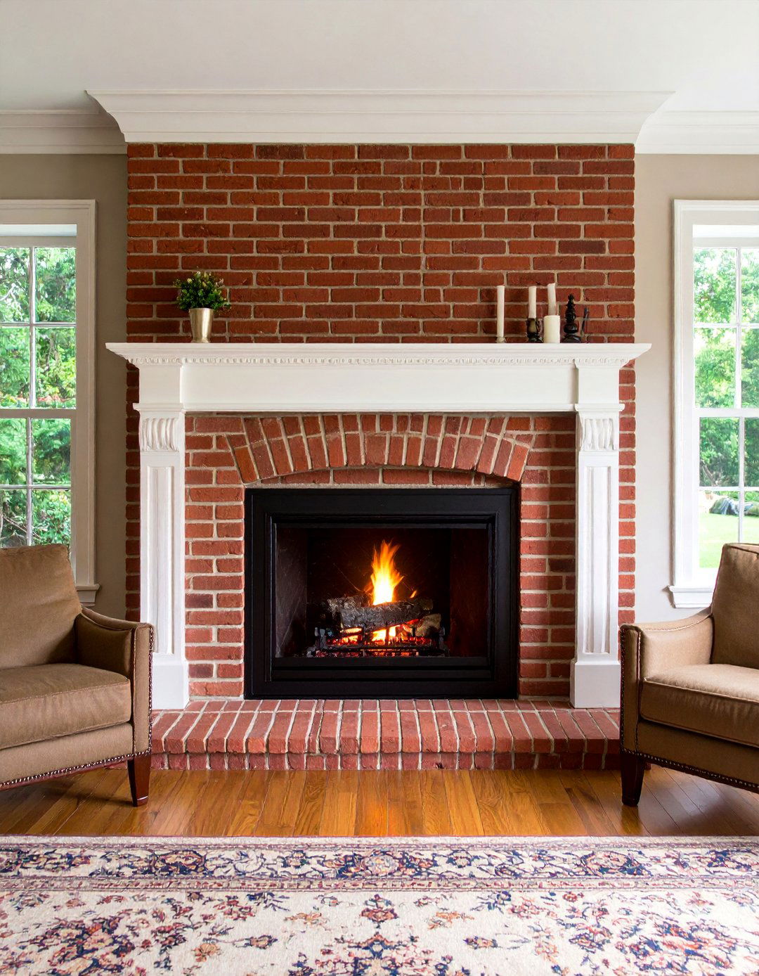 Red Brick Fireplace with Traditional Crown Molding Surround - 25 Brick Fireplace Ideas