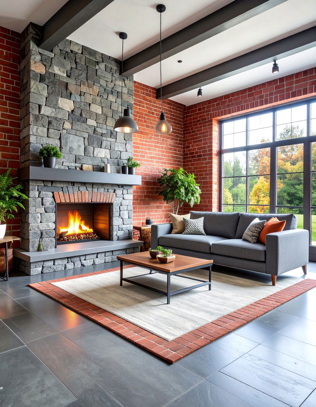 Red Brick and Grey Stone Living Room Design - 25 Red and Grey Living Room Ideas