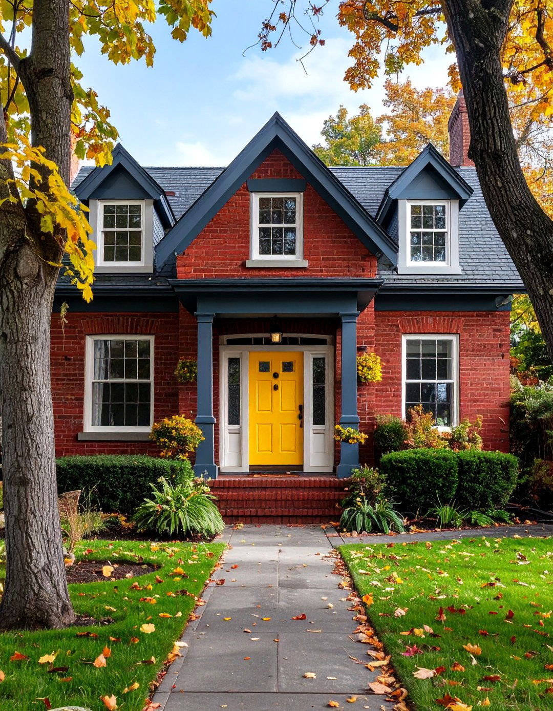 Red Brick with Charcoal Gray Trim and Yellow Door - 25 Exterior Brick and Paint Color Combinations