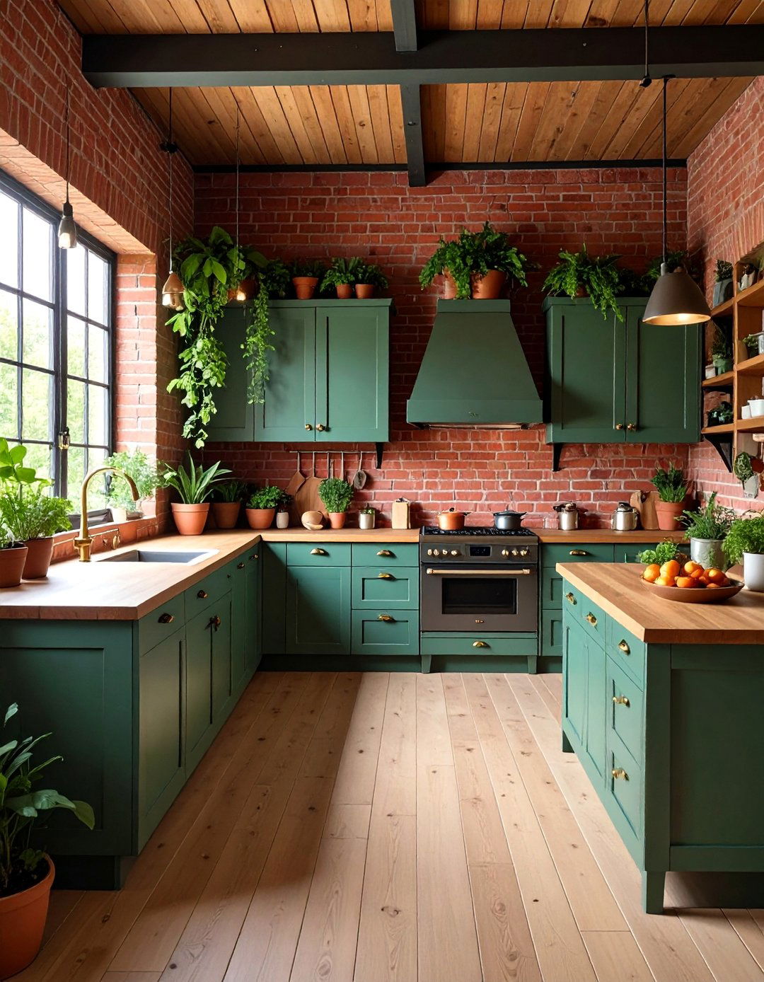 Red Brick with Sage Green Cabinet Combination - 25 Red Brick Kitchen Ideas