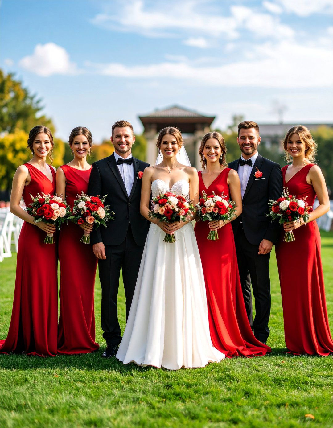 Red Bridesmaid Dresses with Black Groomsmen - 25 Red and Black Wedding Ideas