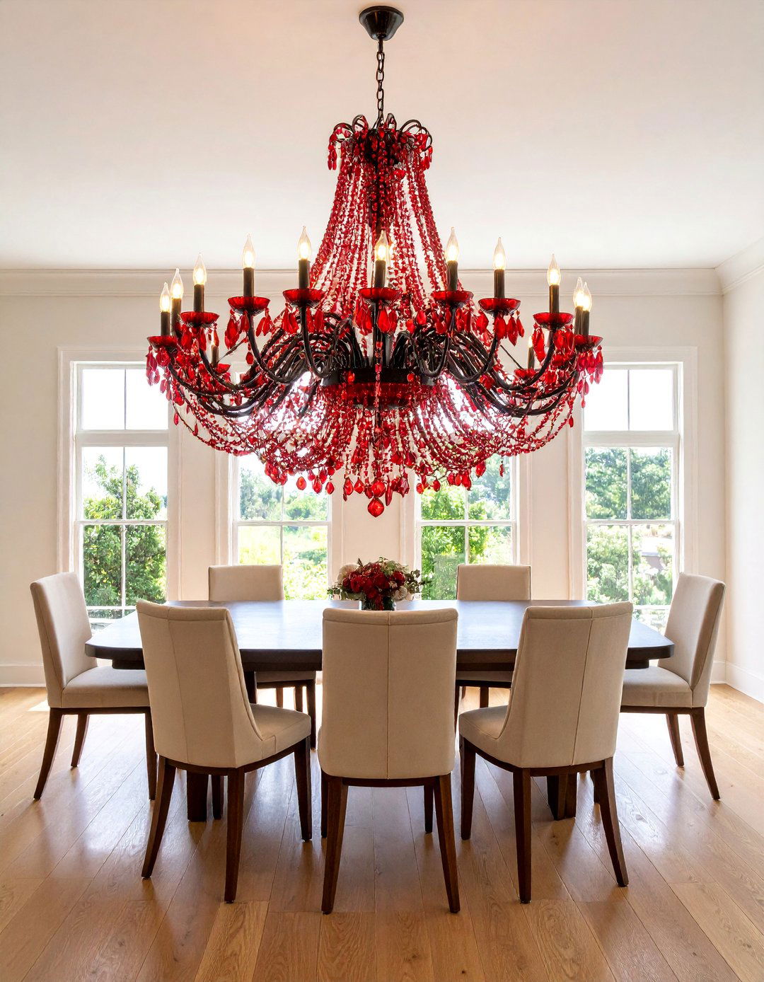 Red Chandelier Statement Piece - 25 Red Dining Room Ideas
