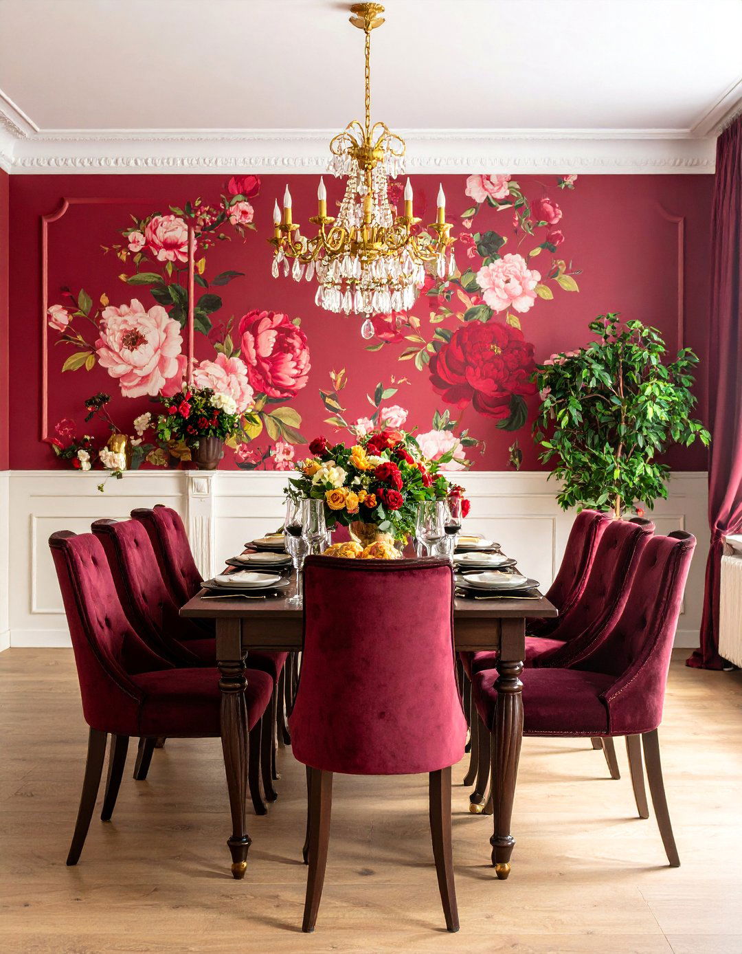 Red Floral Wallpaper Traditional Design - 25 Red Dining Room Ideas