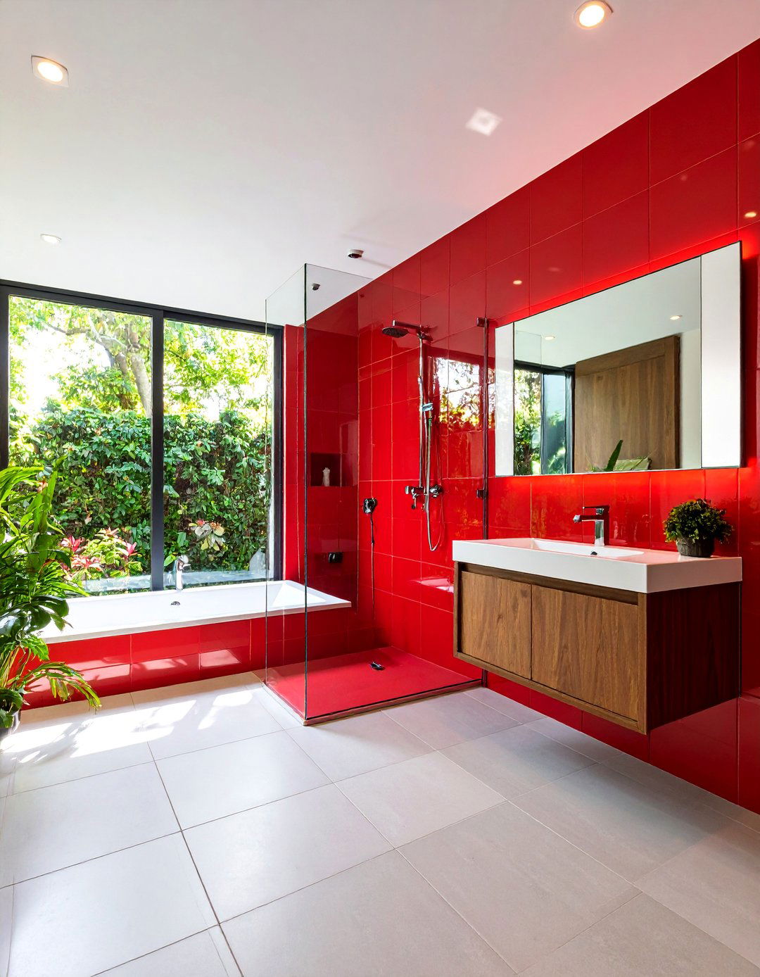 Red Glass Tile Bathroom with Reflective Surfaces - 25 Red Bathroom Ideas