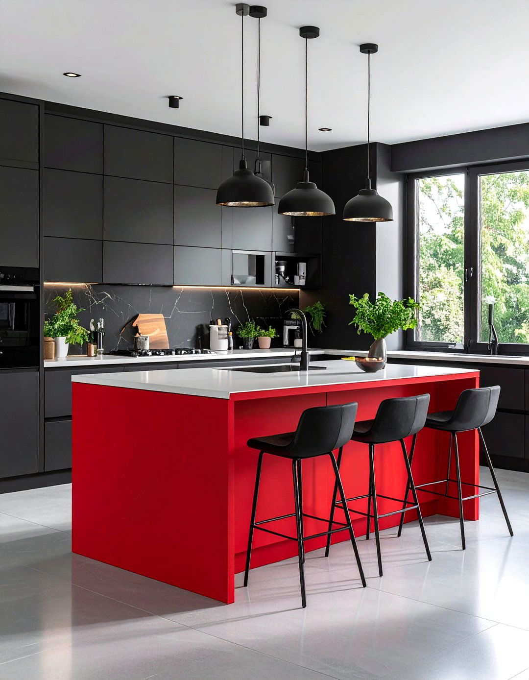 Red Kitchen Island with Black Perimeter Cabinets - 25 red and black kitchen ideas