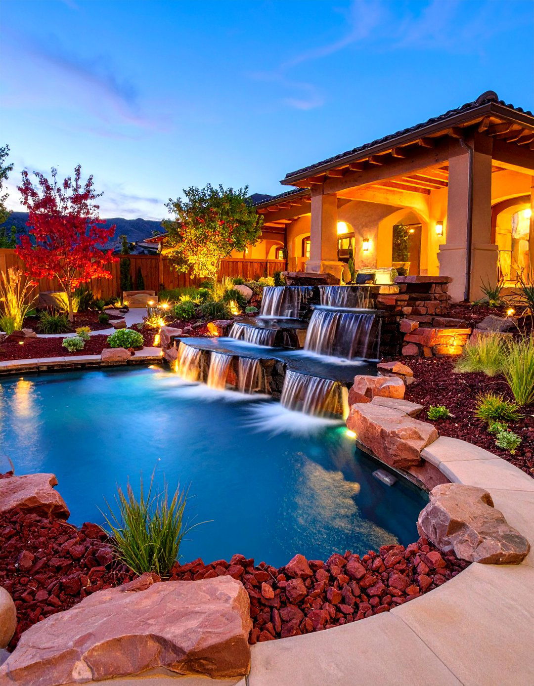 Red Lava Rock Water Feature Cascade - 25 Red Lava Rock Landscaping Ideas